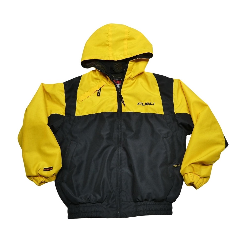 FUBU Jacket Youth Small 8/10 Yellow Black Hooded Windbreaker Zip Pockets Lined‎